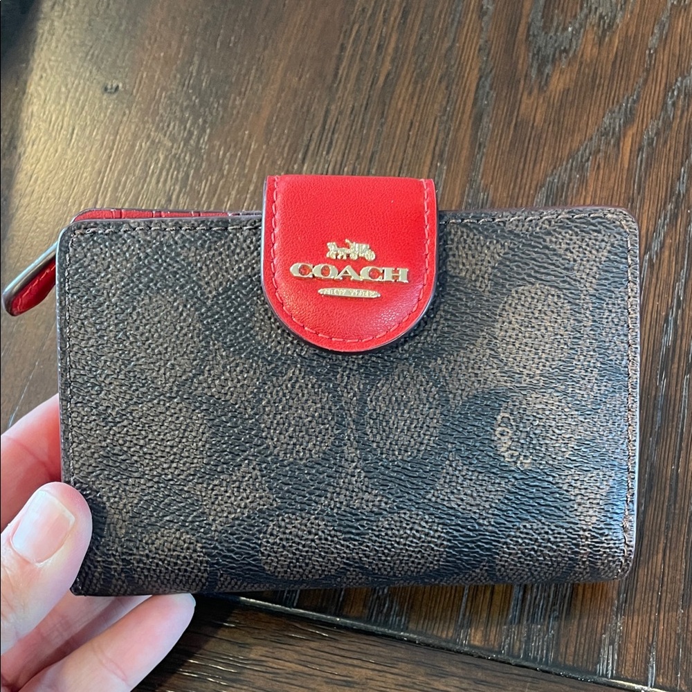 Coach Signature Brown Wallet with Red Trim